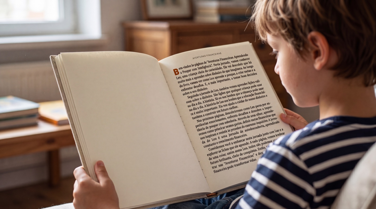 Menino lendo o livro Aventuras Financeiras