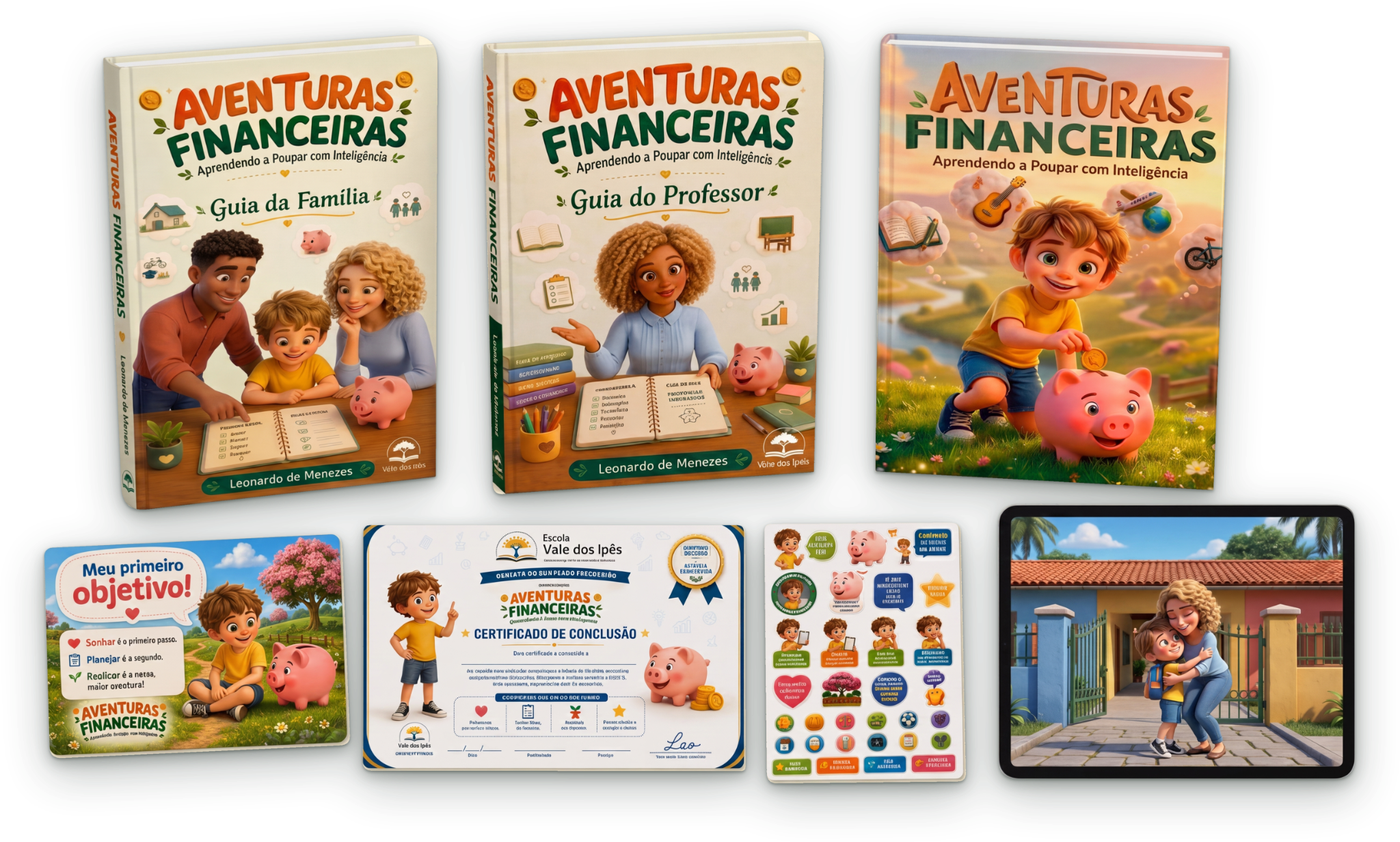 Kit do programa Aventuras Financeiras com livros, certificado, adesivos e recursos digitais